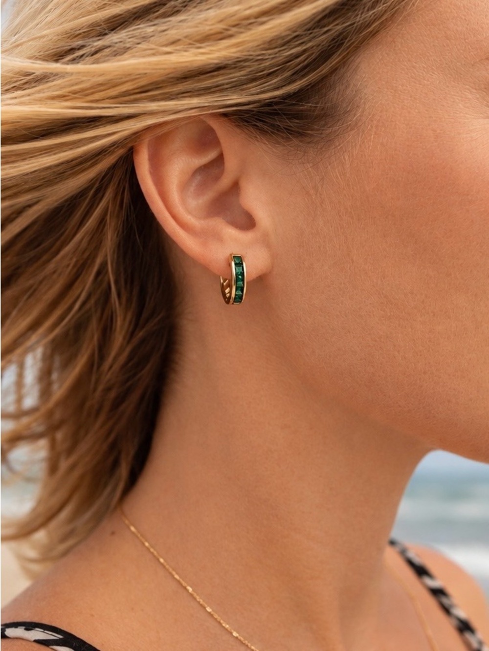 Emerald Green & Gold-Tone Huggie Hoop Earrings. 18K gold filled